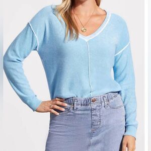 TRIBAL lightweight cotton v-neck sweater in azure blue S